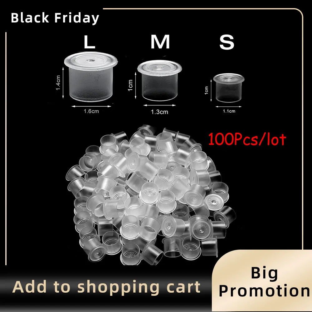 100pcs Tattoo Ink Cups Plastic Microblading Tatuagem Acessorios Pigment  Caps With Bottom S/M/L For Needle Tip Grip Power Supply