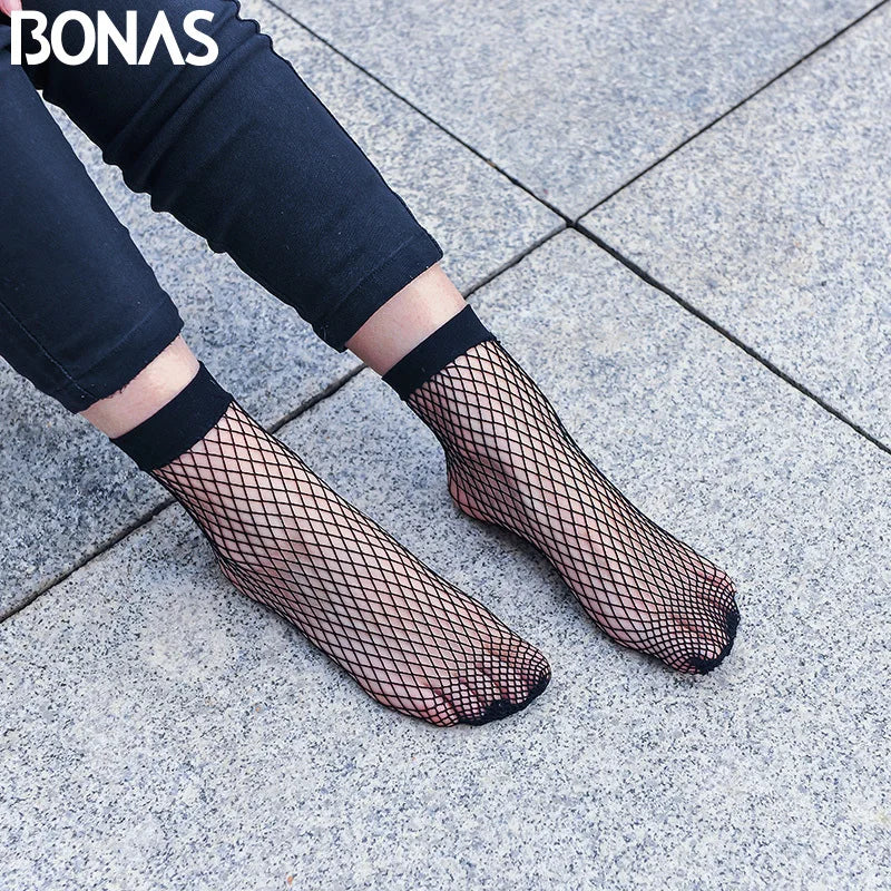 BONAS 2pcs Women's Black Fishnet Socks Breathable Mesh Lace Fish Net Short Socks Harajuku Sexy Hollow Nets Socks Ladies Sweet