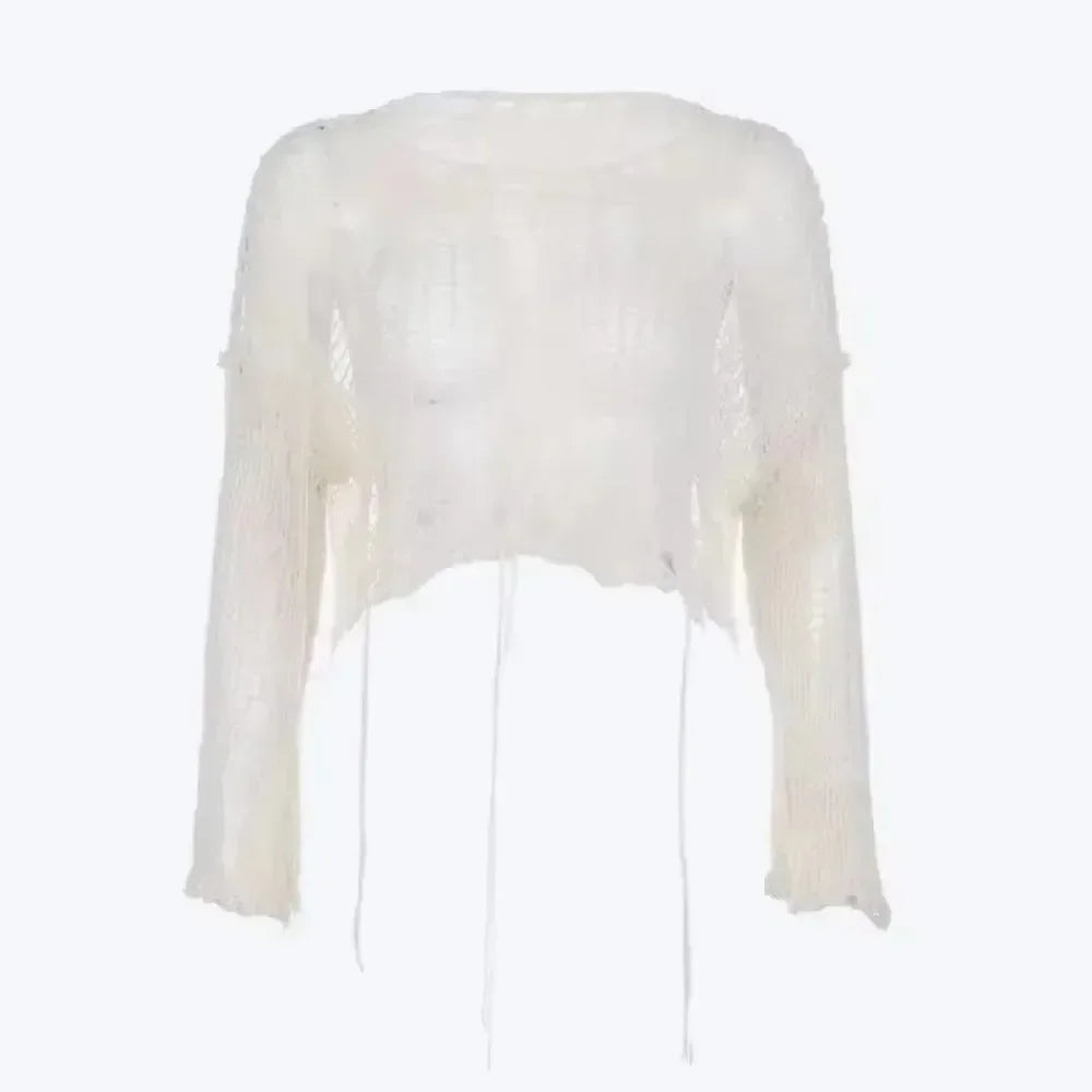 Distressed Sheer Knit Gothic Crop Sweater