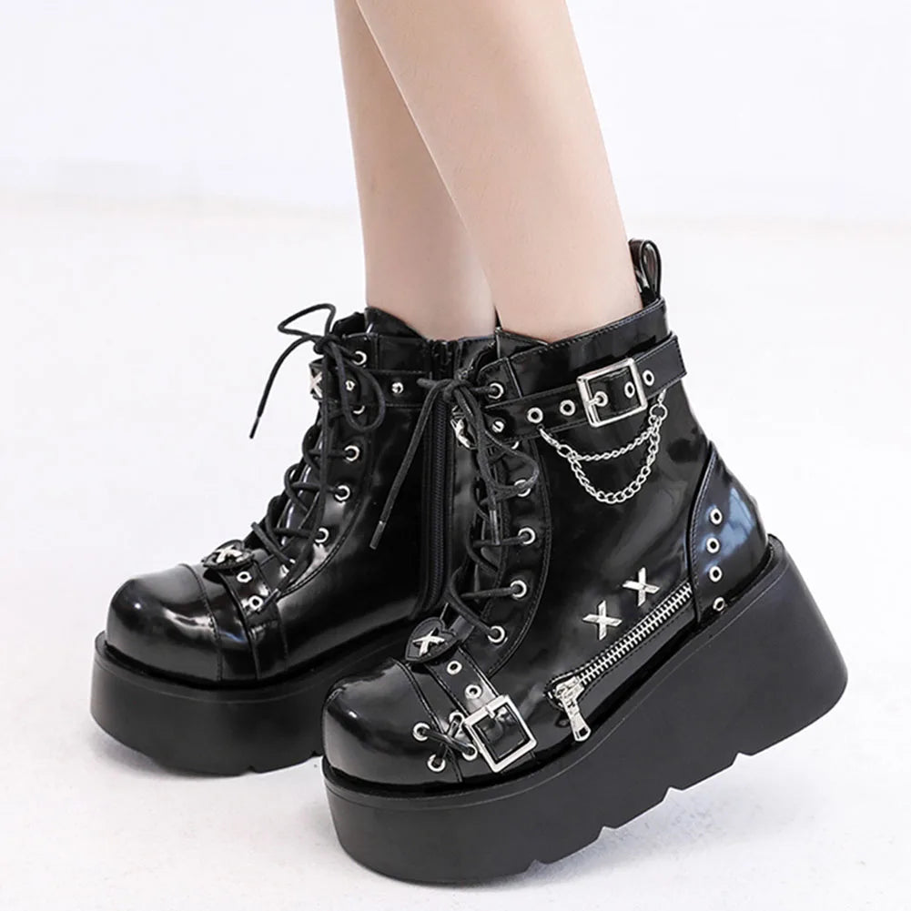 Gothic Punk Buckle Chain Platform Combat Boots