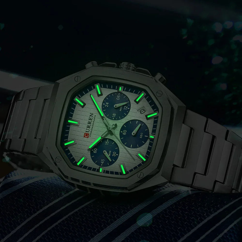 CURREN Luxury Square Chrono Watch for Men Classic Design Gold Accents on Black Dial Fashion Quartz Wristwatch Luminous Hands