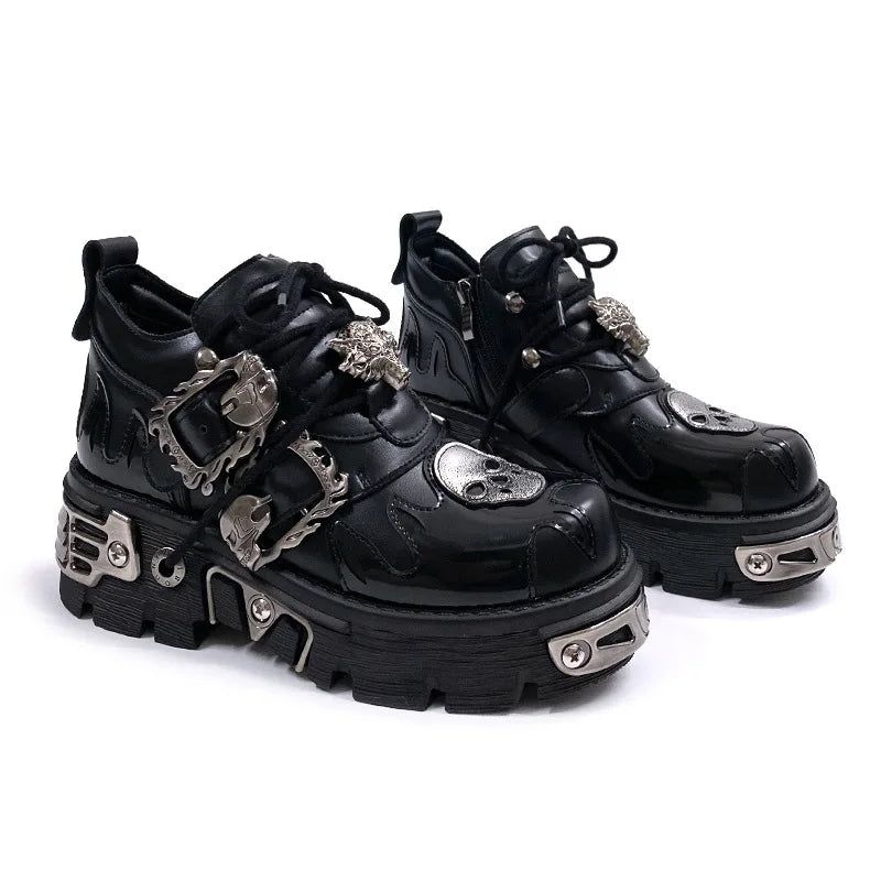 Black Gothic Skull Platform Leather Shoes