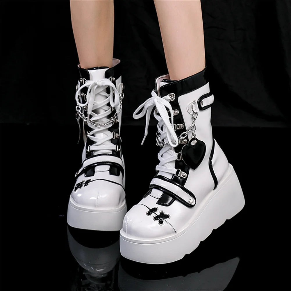 Gothic Punk Buckle Chain Platform Combat Boots