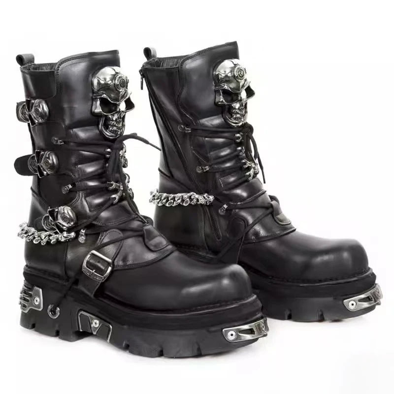 Black Gothic Skull & Chain Leather Combat Boots