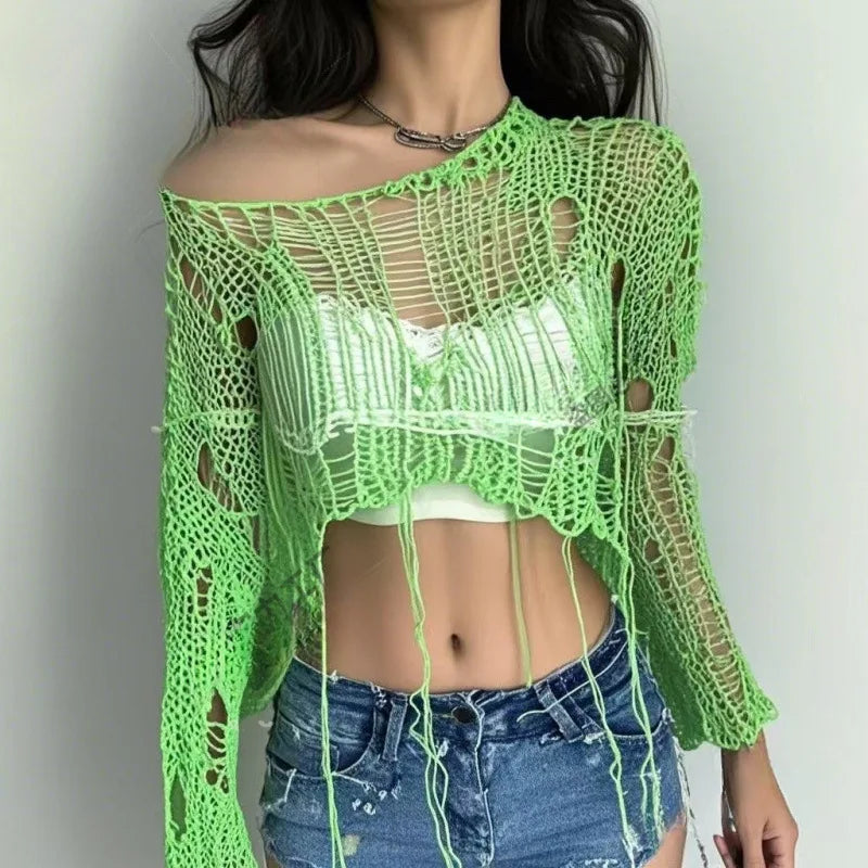 Distressed Sheer Knit Gothic Crop Sweater