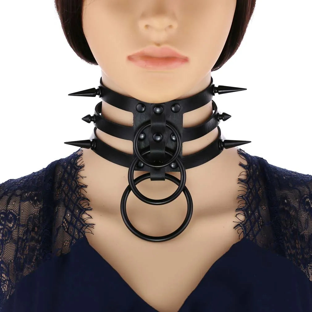 Punk Triple Strap Spike O-Ring Choker