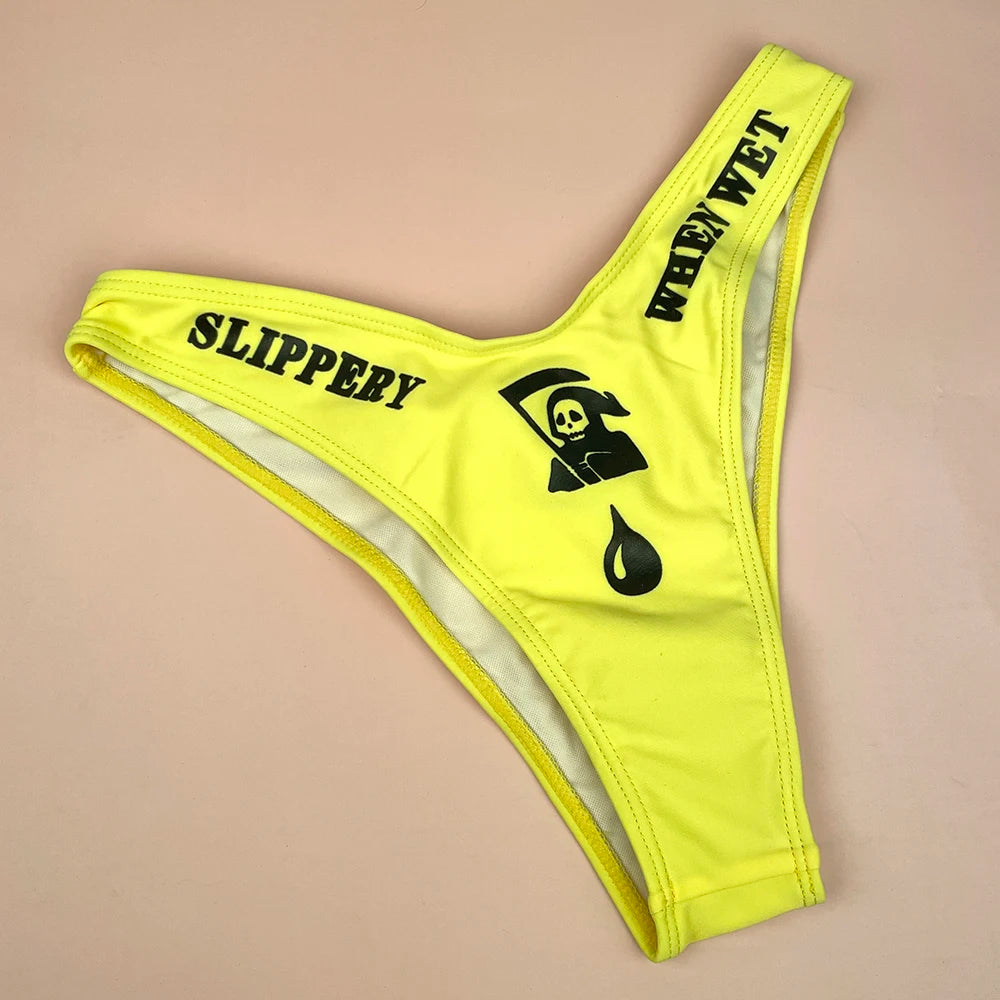 Y2K Gothic Caution Skeleton Bandeau Bikini Set