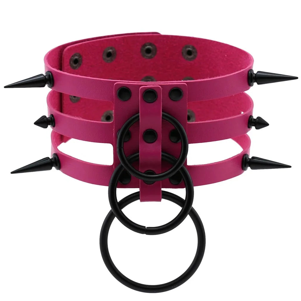 Punk Triple Strap Spike O-Ring Choker