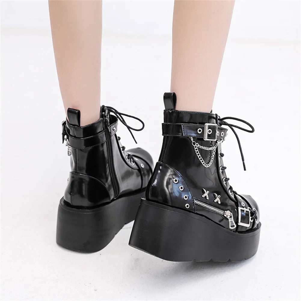 Gothic Punk Buckle Chain Platform Combat Boots
