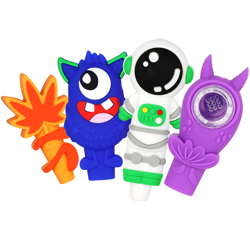 18CT DISPLAY - Cool Characters Silicone Hand Pipe - 3"- 4.25" / Assorted Colors & Characters