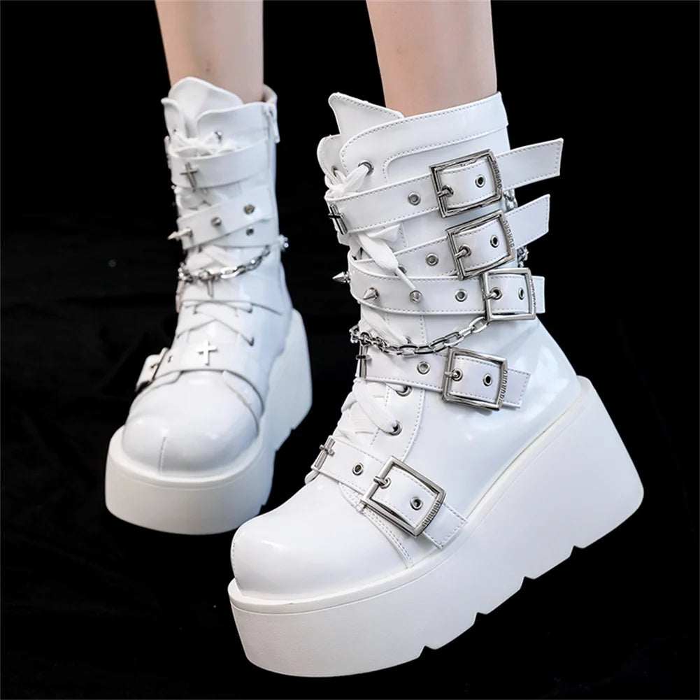 Gothic Punk Buckle Chain Platform Combat Boots