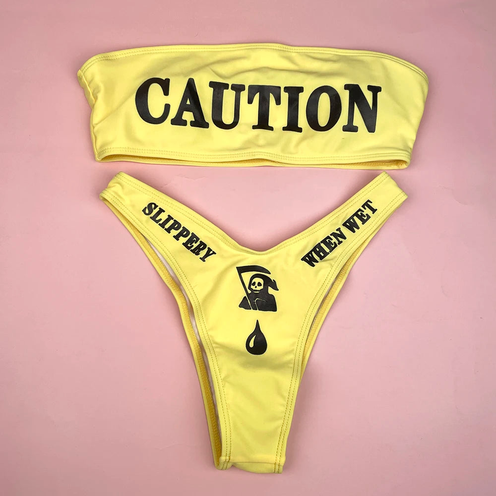 Y2K Gothic Caution Skeleton Bandeau Bikini Set