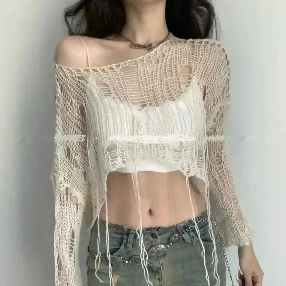 Distressed Sheer Knit Gothic Crop Sweater