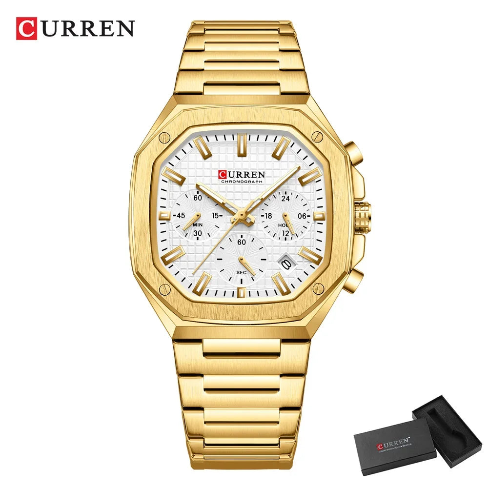 CURREN Luxury Square Chrono Watch for Men Classic Design Gold Accents on Black Dial Fashion Quartz Wristwatch Luminous Hands