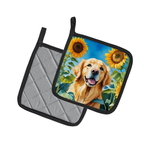 2Pcs Golden Retriever in Sunflower Heating Pad Set - Heat Resistant Pot Holders & Oven Mats Durable Non-Slip for Kitchen Cooking