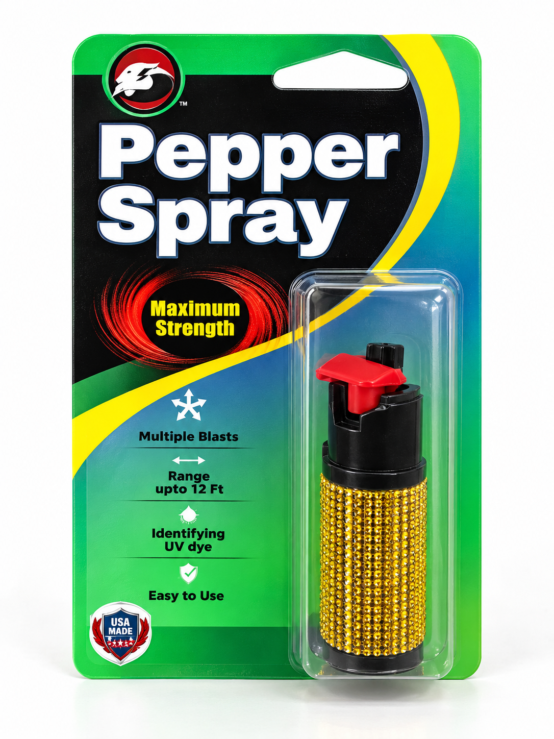 Packaged pepper spray with gold rhinestone cover