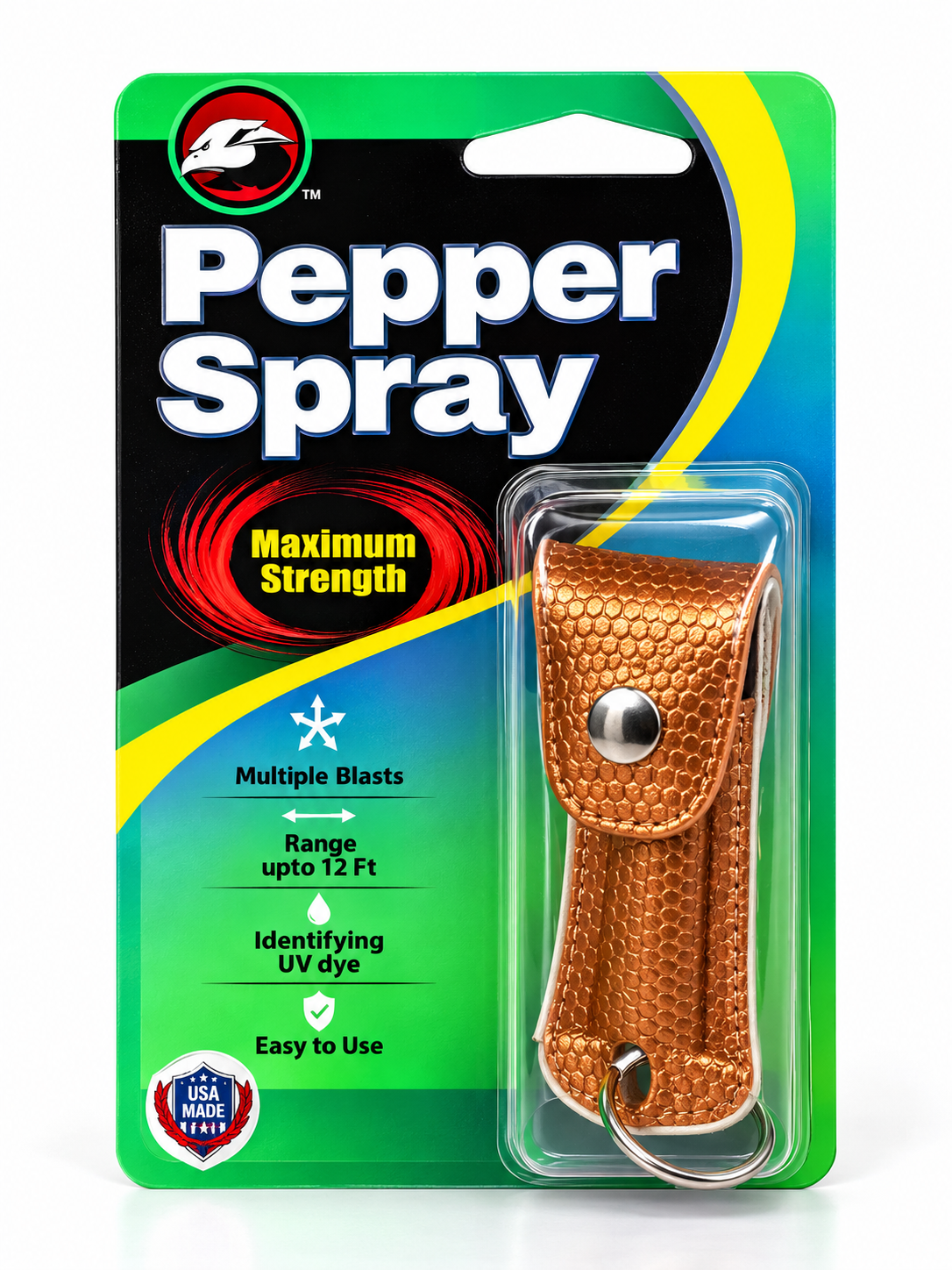 Packaged pepper spray with bronze textured keychain case