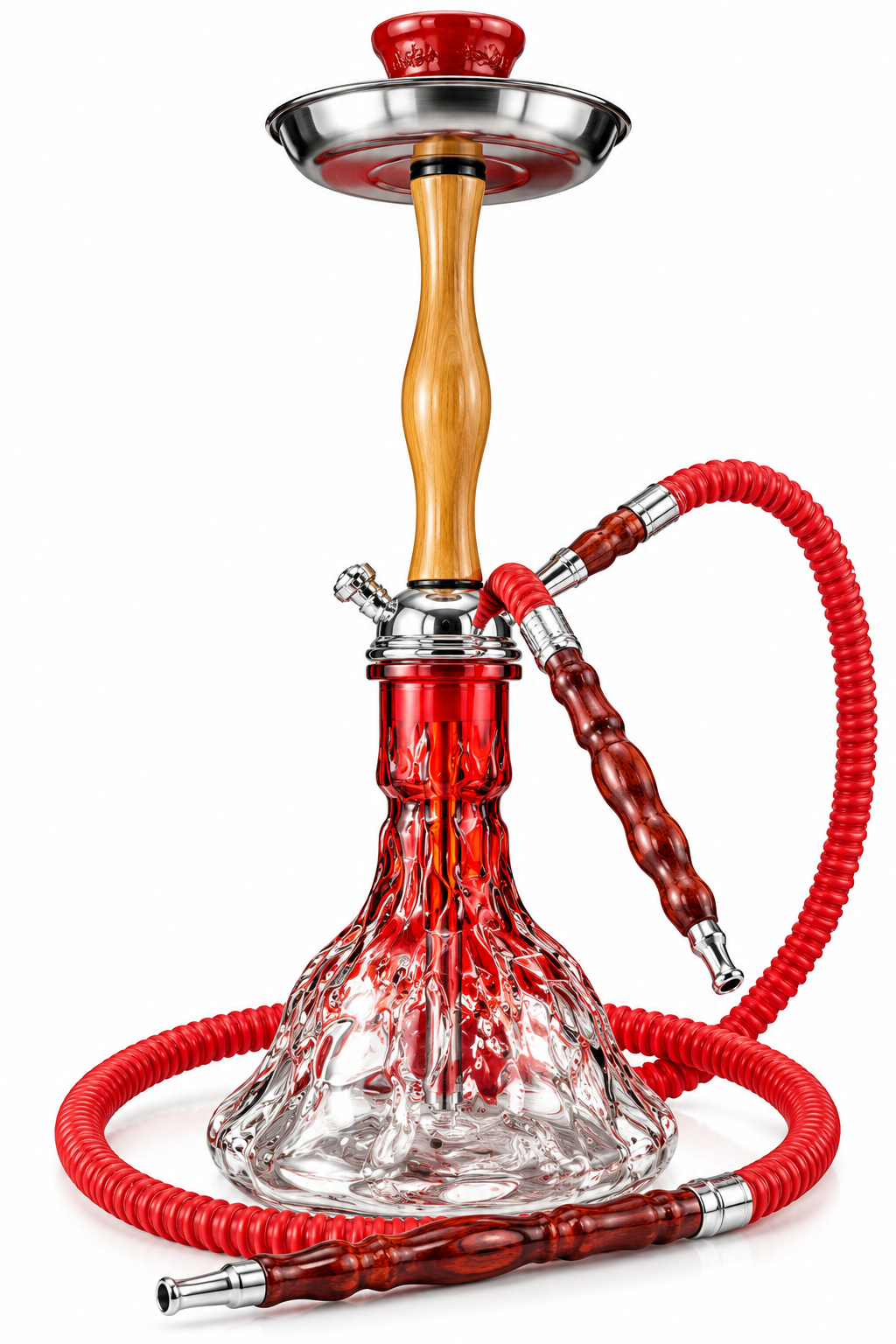 Red Glass Hookah with Wood-Look Stem — Red / Wood-Look