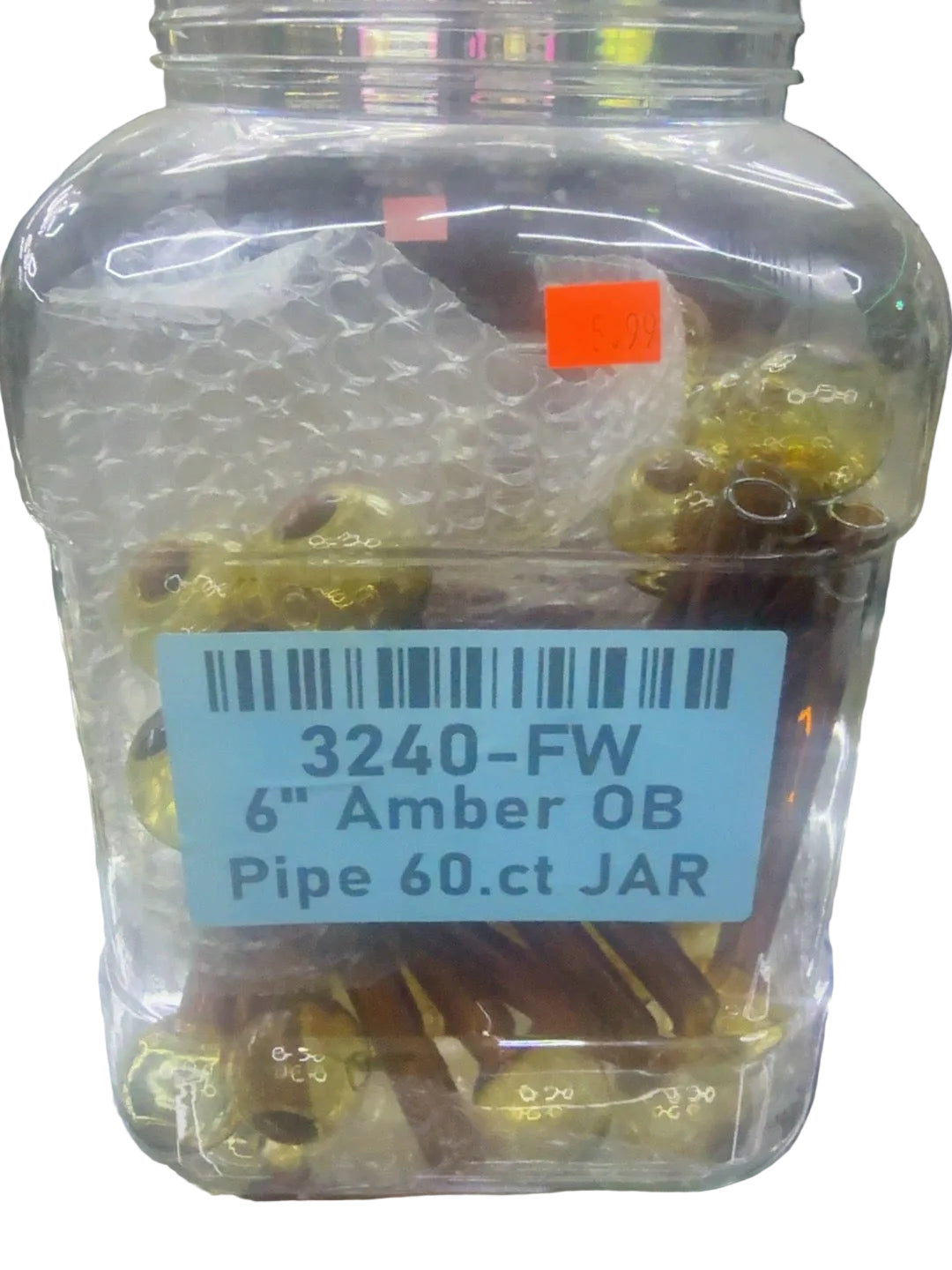 6" Straight Glass Oil Burner — Amber — product/package reference; one piece sold