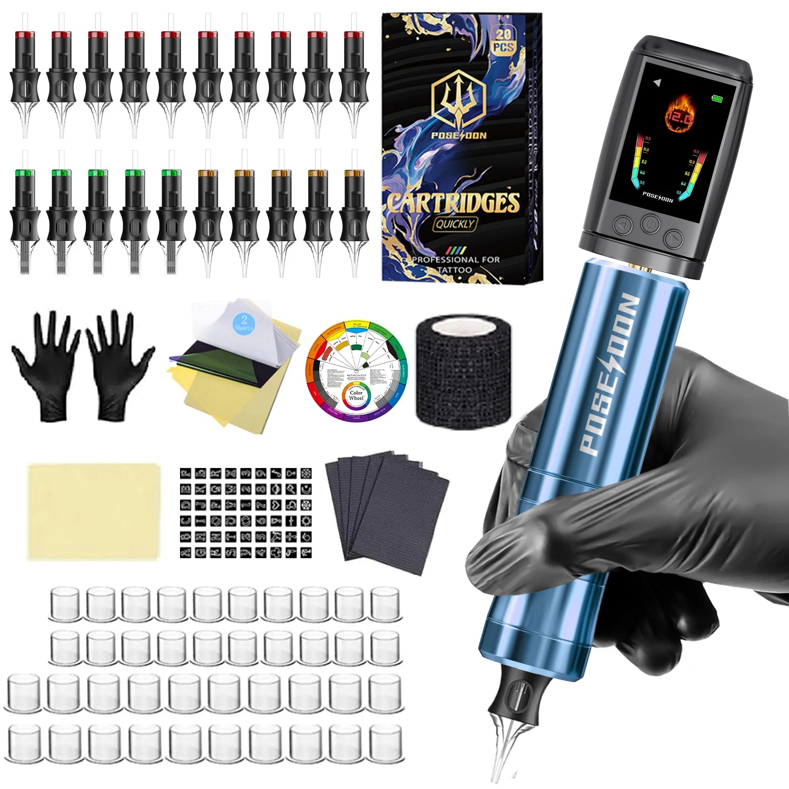 Tattoo Kit POSEIDON V5 Color Screen Tattoo Pen Kit For Permanent Makeup Tattoo Machine Wireless Tattoo Power Supply Tattoo Kit
