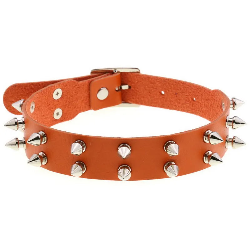 Double Row Rivet Spike Leather Choker