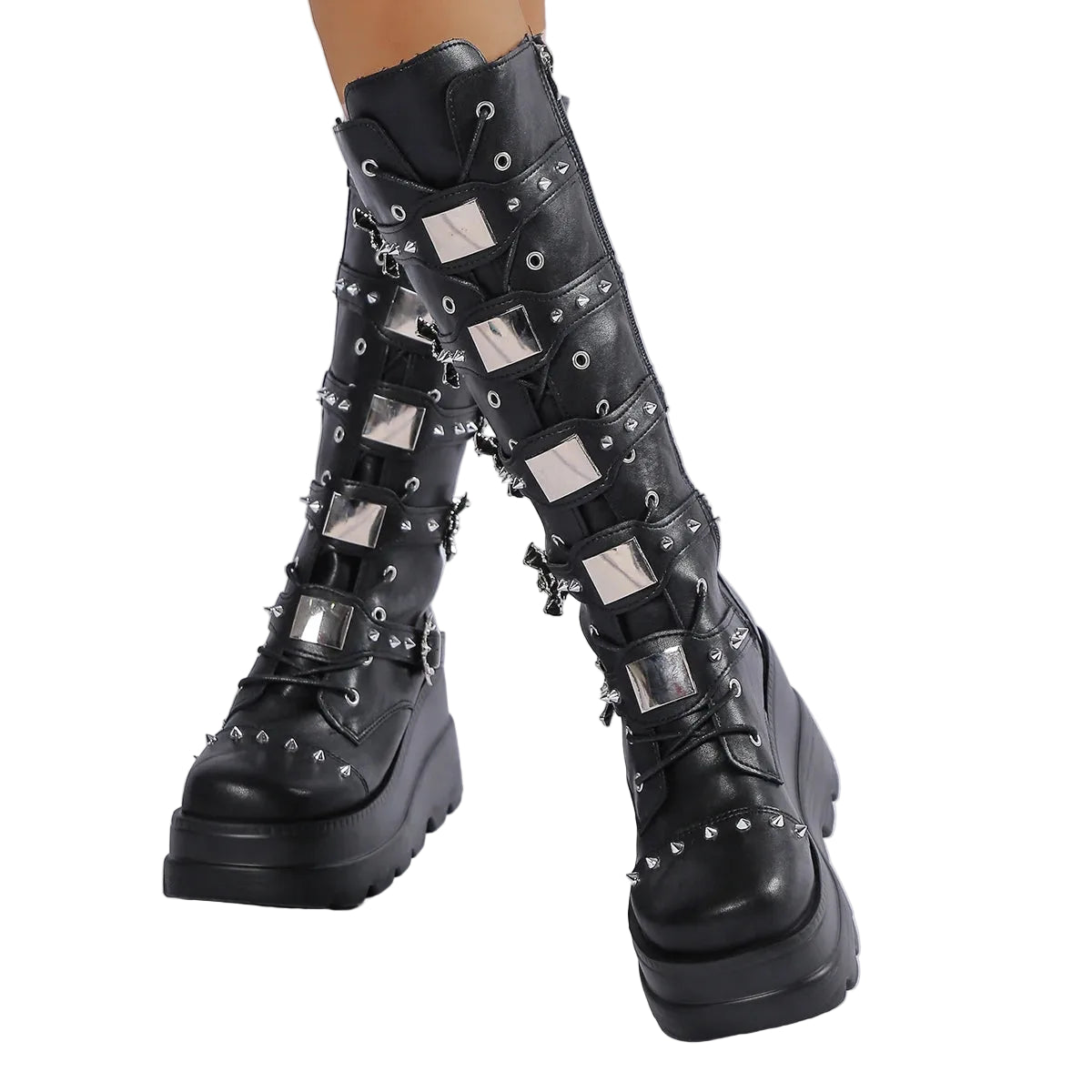 Black Gothic Buckle Platform Knee-High Boots
