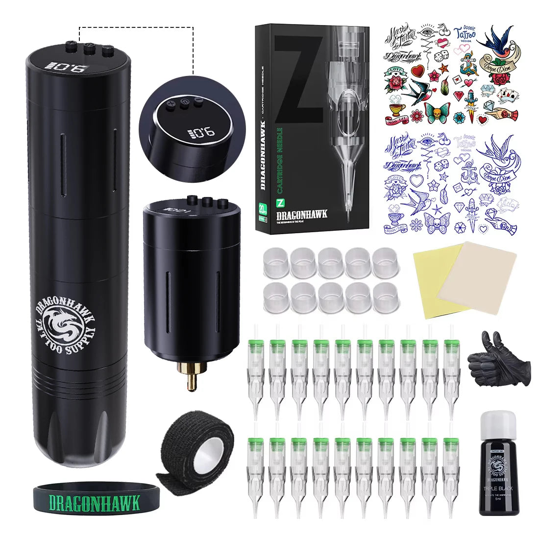 Dragonhawk X3 Full Kit Wireless Tattoo Pen 2 Batteries Complete Guns 20 Beginner Rotary Tattoo Machine Set Makeup Supplies