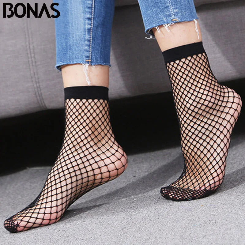 BONAS 2pcs Women's Black Fishnet Socks Breathable Mesh Lace Fish Net Short Socks Harajuku Sexy Hollow Nets Socks Ladies Sweet