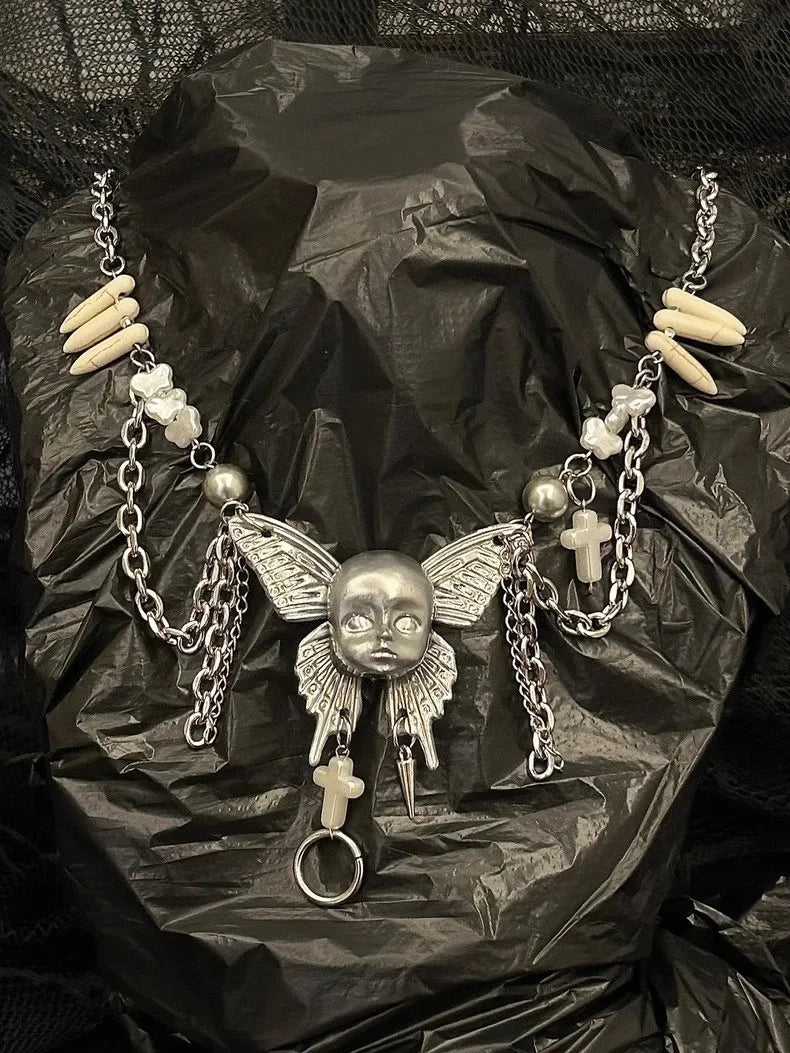 Y2K Punk Doll Face Butterfly Chain Necklace