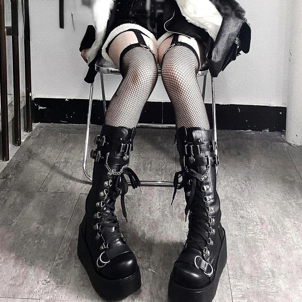 Gothic Punk Buckle Chain Platform Combat Boots