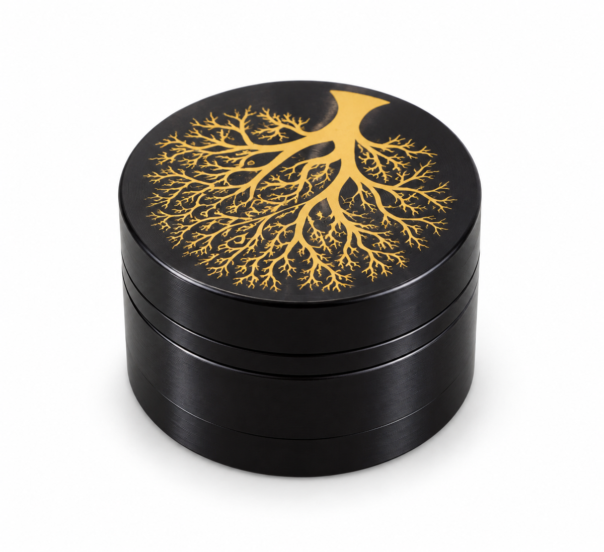 Black four-piece herb grinder with Gold Branch Tree lid design on white background
