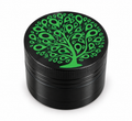 Black four-piece herb grinder with Green Leaf Tree lid design on white background