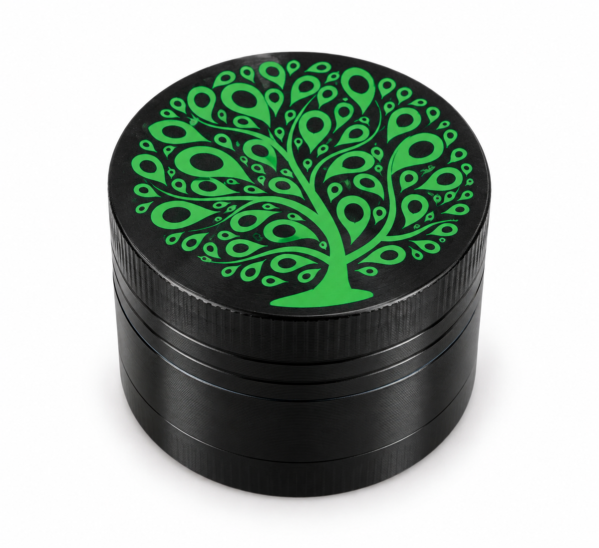 Black four-piece herb grinder with Green Leaf Tree lid design on white background