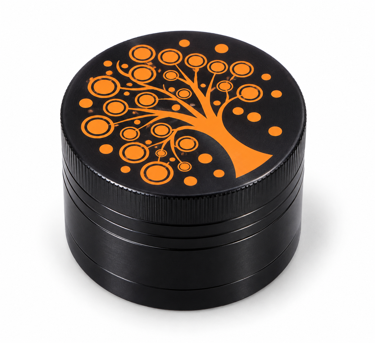 Black four-piece herb grinder with Orange Bubble Tree lid design on white background