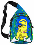 Blue and green sling bag with yellow cartoon scientist artwork and an adjustable black strap on a white background