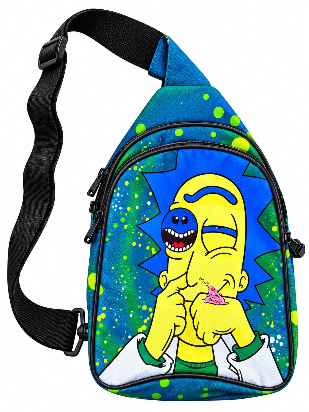 Blue and green sling bag with yellow cartoon scientist artwork and an adjustable black strap on a white background