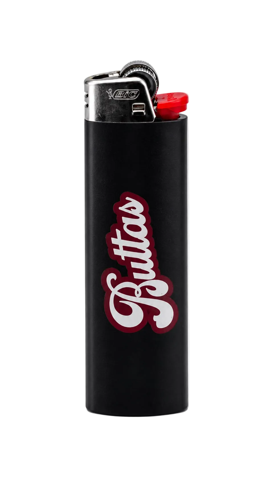 Black Buttas BIC pocket lighter with white and burgundy logo