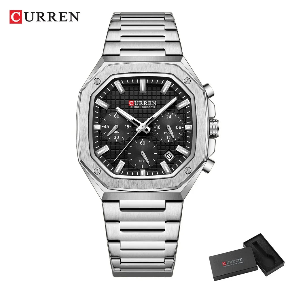 CURREN Luxury Square Chrono Watch for Men Classic Design Gold Accents on Black Dial Fashion Quartz Wristwatch Luminous Hands