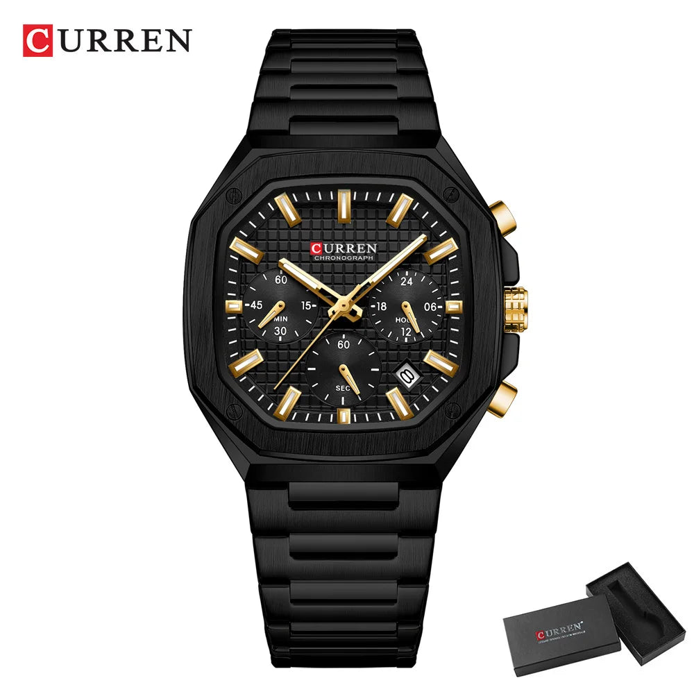 CURREN Luxury Square Chrono Watch for Men Classic Design Gold Accents on Black Dial Fashion Quartz Wristwatch Luminous Hands