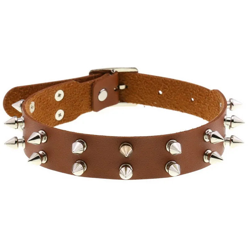 Double Row Rivet Spike Leather Choker