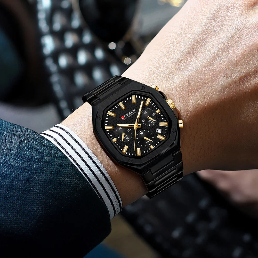 CURREN Luxury Square Chrono Watch for Men Classic Design Gold Accents on Black Dial Fashion Quartz Wristwatch Luminous Hands
