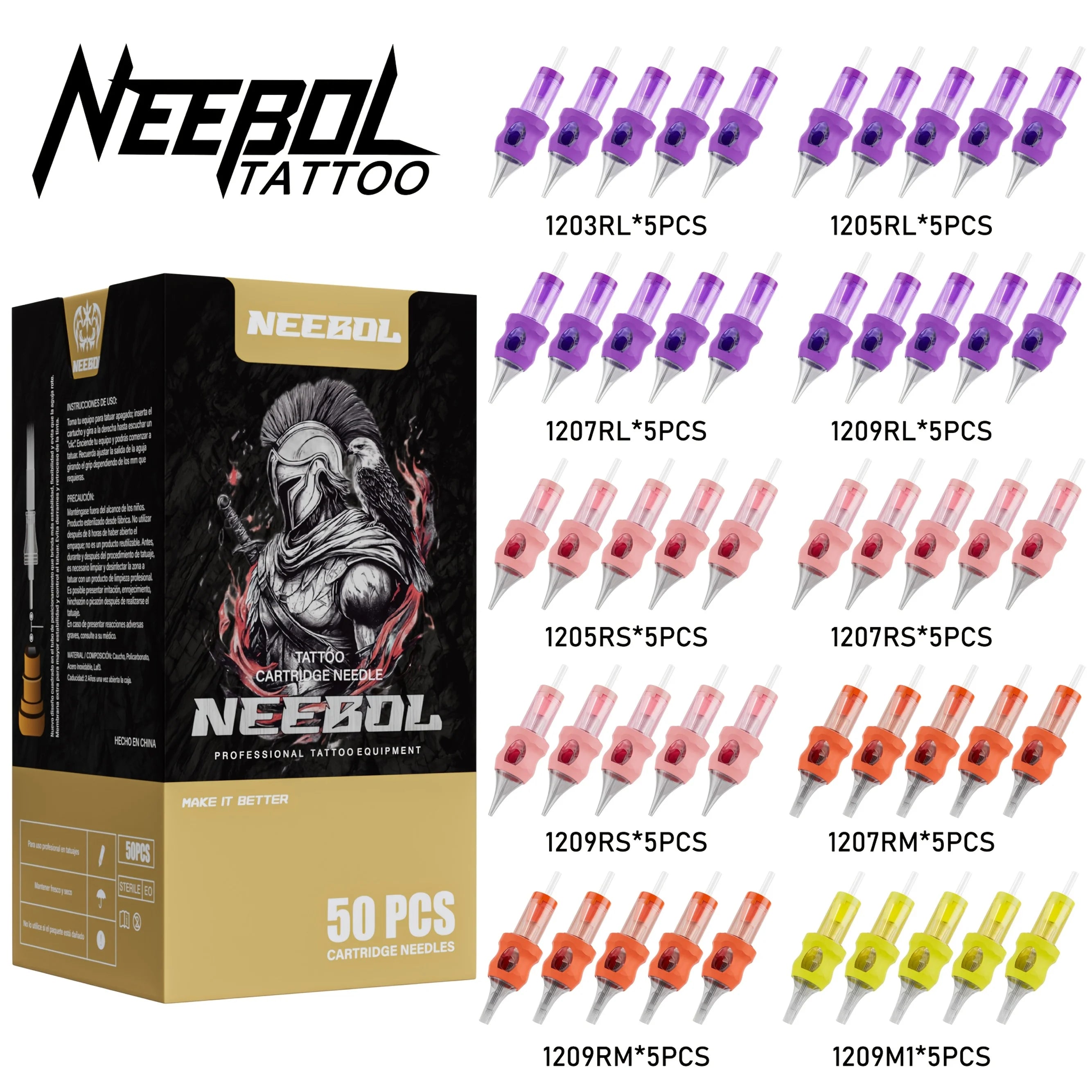 50Pcs Tattoo Cartridge Needles Assorted Mixed Size Round Liner Shader Curved/Round Mag Bugpin Standard RL RS RM M1 Tattoo Supply