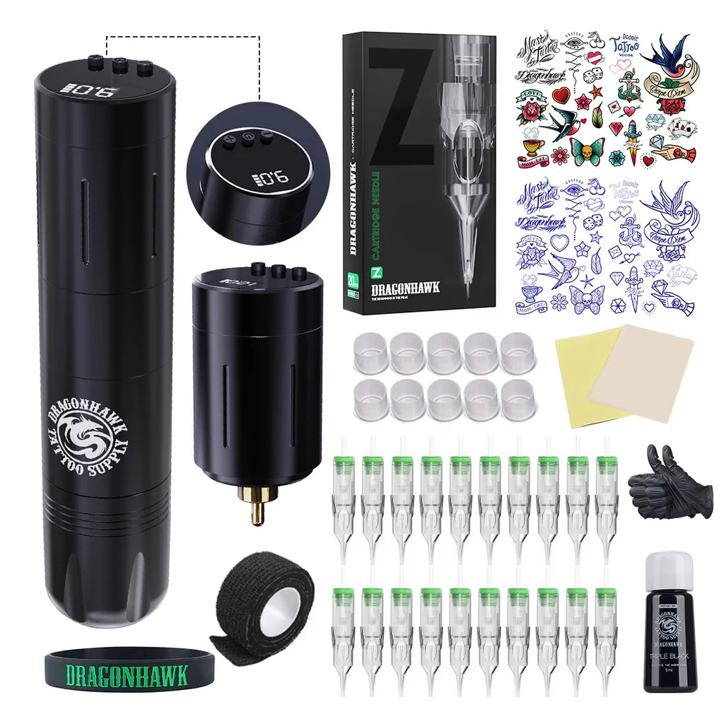Dragonhawk X3 Full Kit Wireless Tattoo Pen 2 Batteries Complete Guns 20 Beginner Rotary Tattoo Machine Set Makeup Supplies