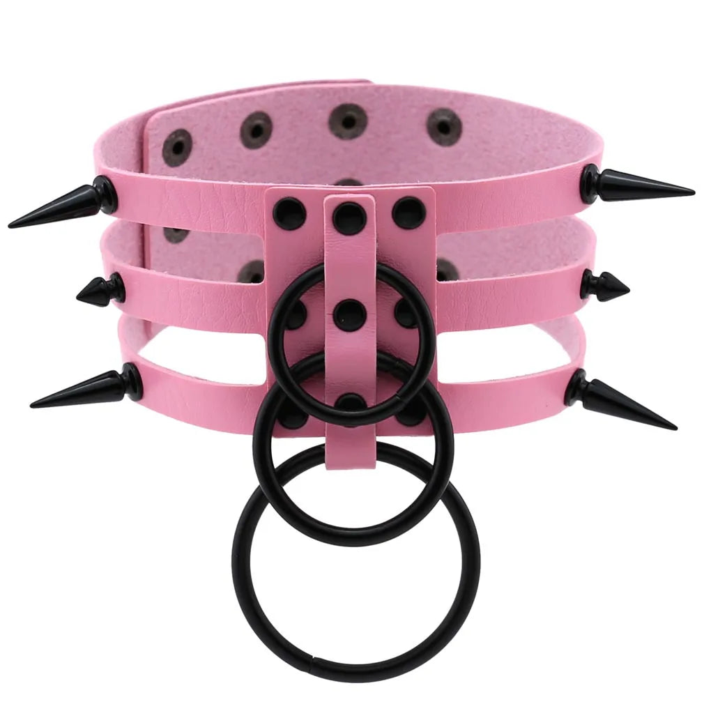 Punk Triple Strap Spike O-Ring Choker