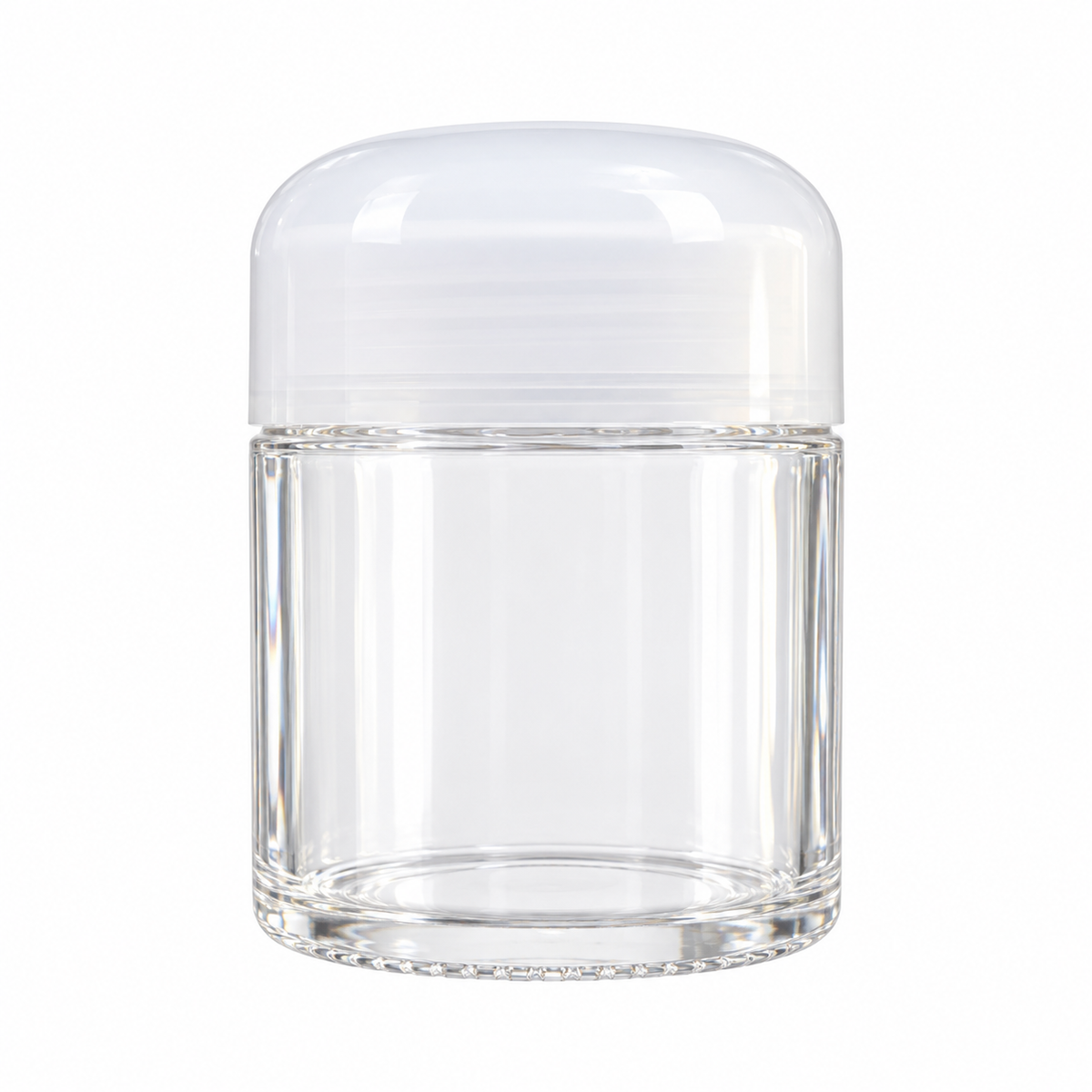 Clear storage jar with rounded white lid, digitally edited from actual product photo on white background