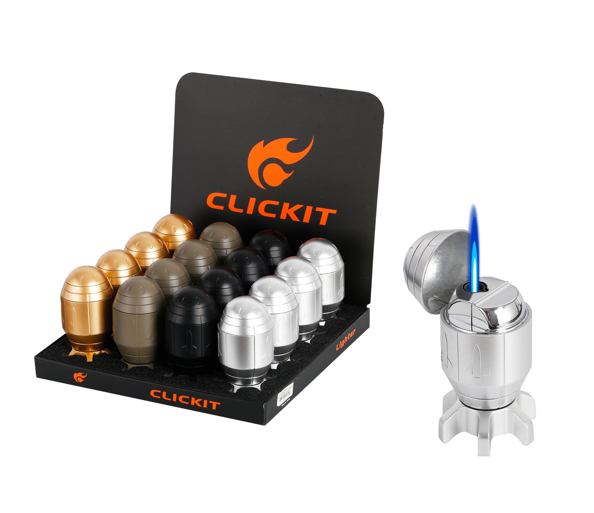 Clickit GH-8152 assorted color display and open Silver torch demonstration; listing includes one lighter
