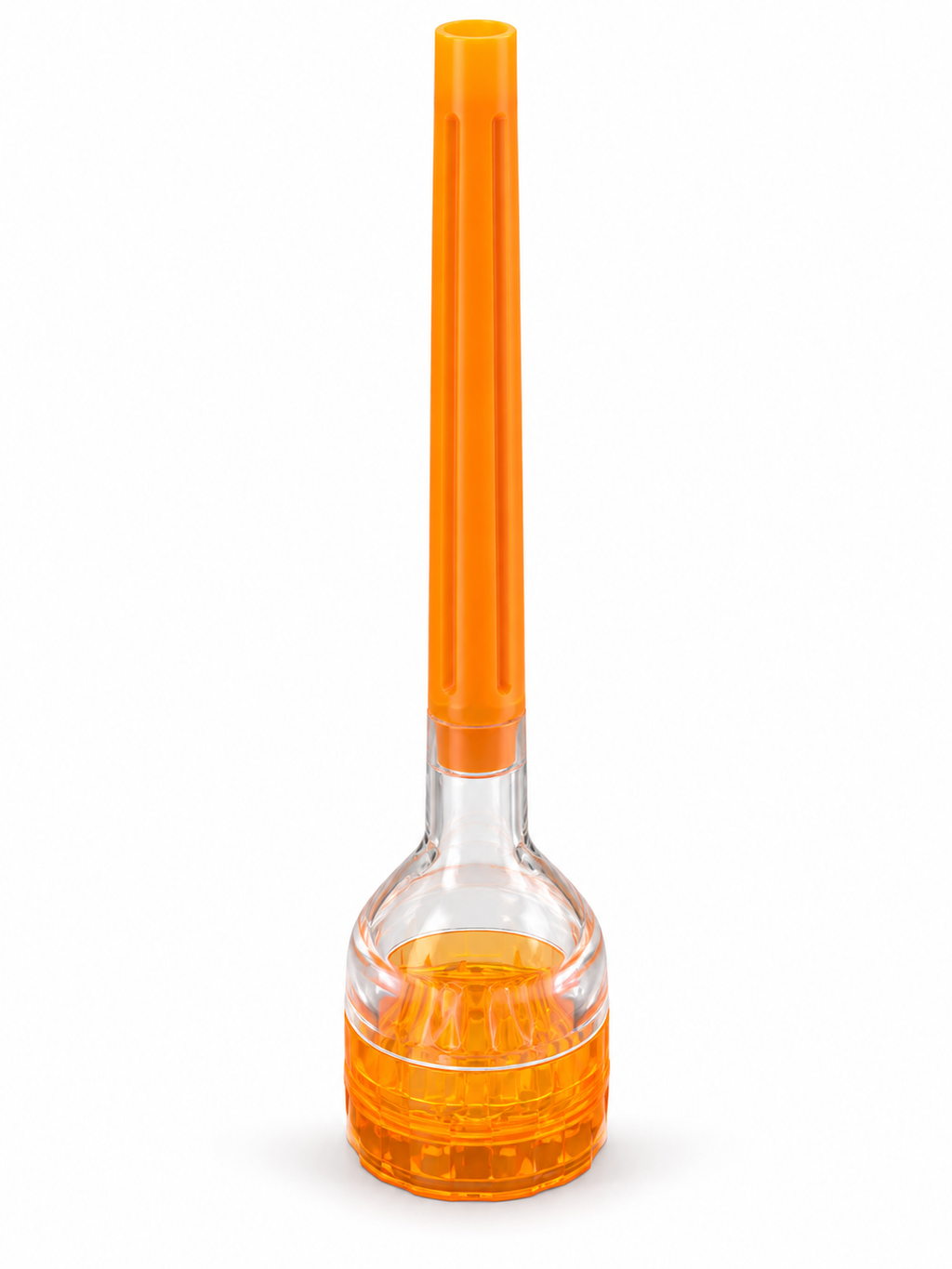 Orange cone packer with clear body and built-in grinder on white background
