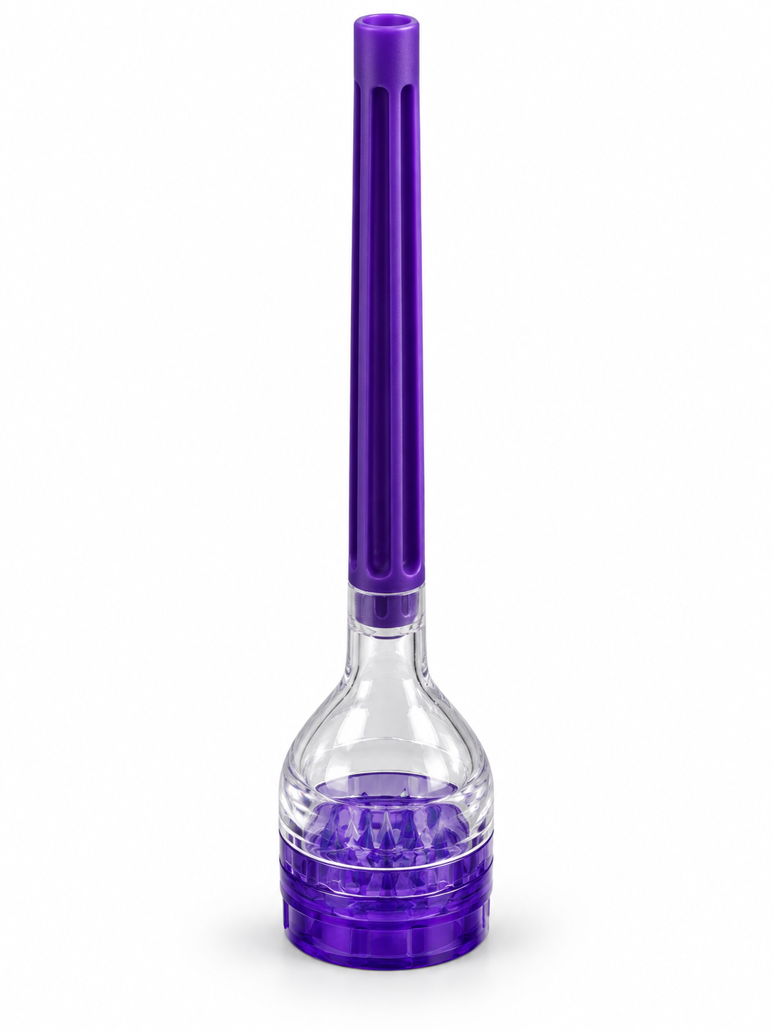 Purple cone packer with clear body and built-in grinder on white background