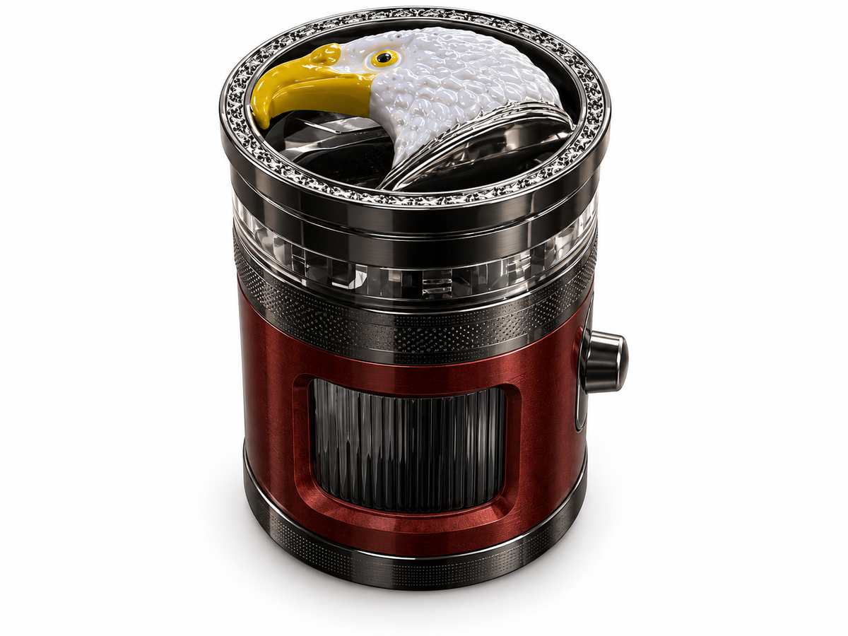 Crushers GR904 Black finish eagle herb grinder with dark brown body and storage window on white background