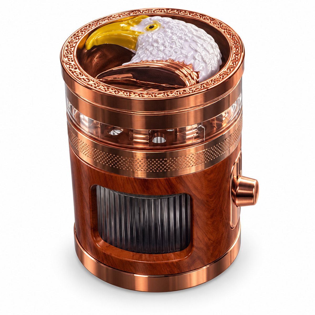 Crushers GR904 Rose Gold eagle herb grinder with brown body, clear grinding band and storage chamber on white background